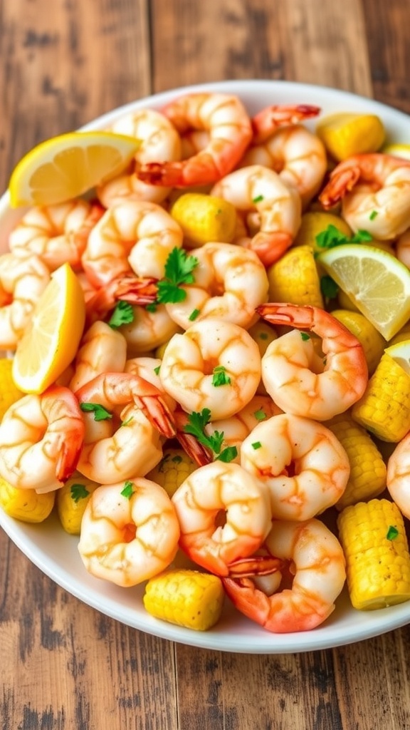 Air Fryer Shrimp Boil Recipe A colorful air fryer shrimp boil with shrimp, potatoes, and corn, garnished with lemon and parsley on a wooden table.